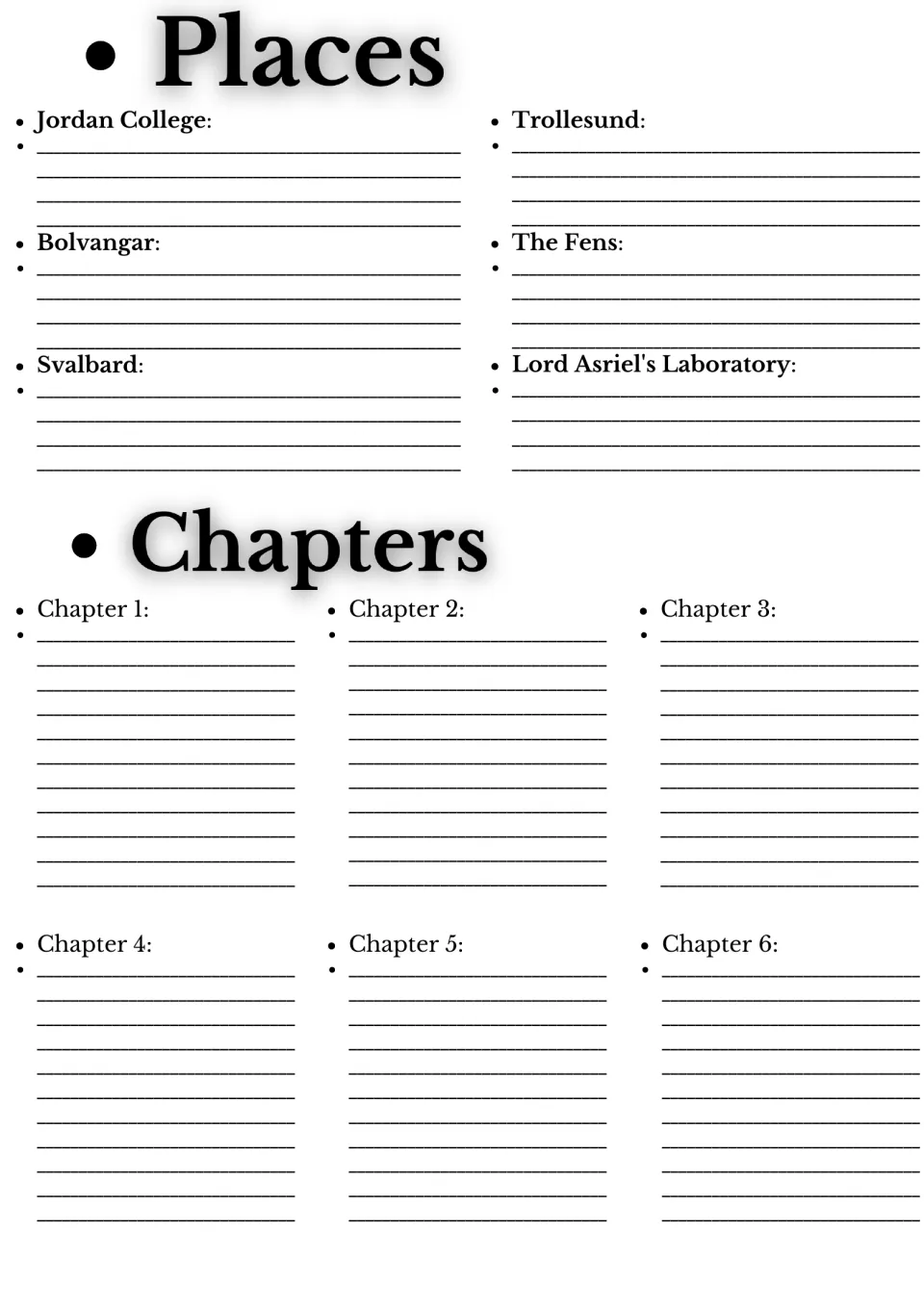 Settings and chapter summaries: students describe six places such as Bolvangar and Svalbard, then summarize chapters 1-6