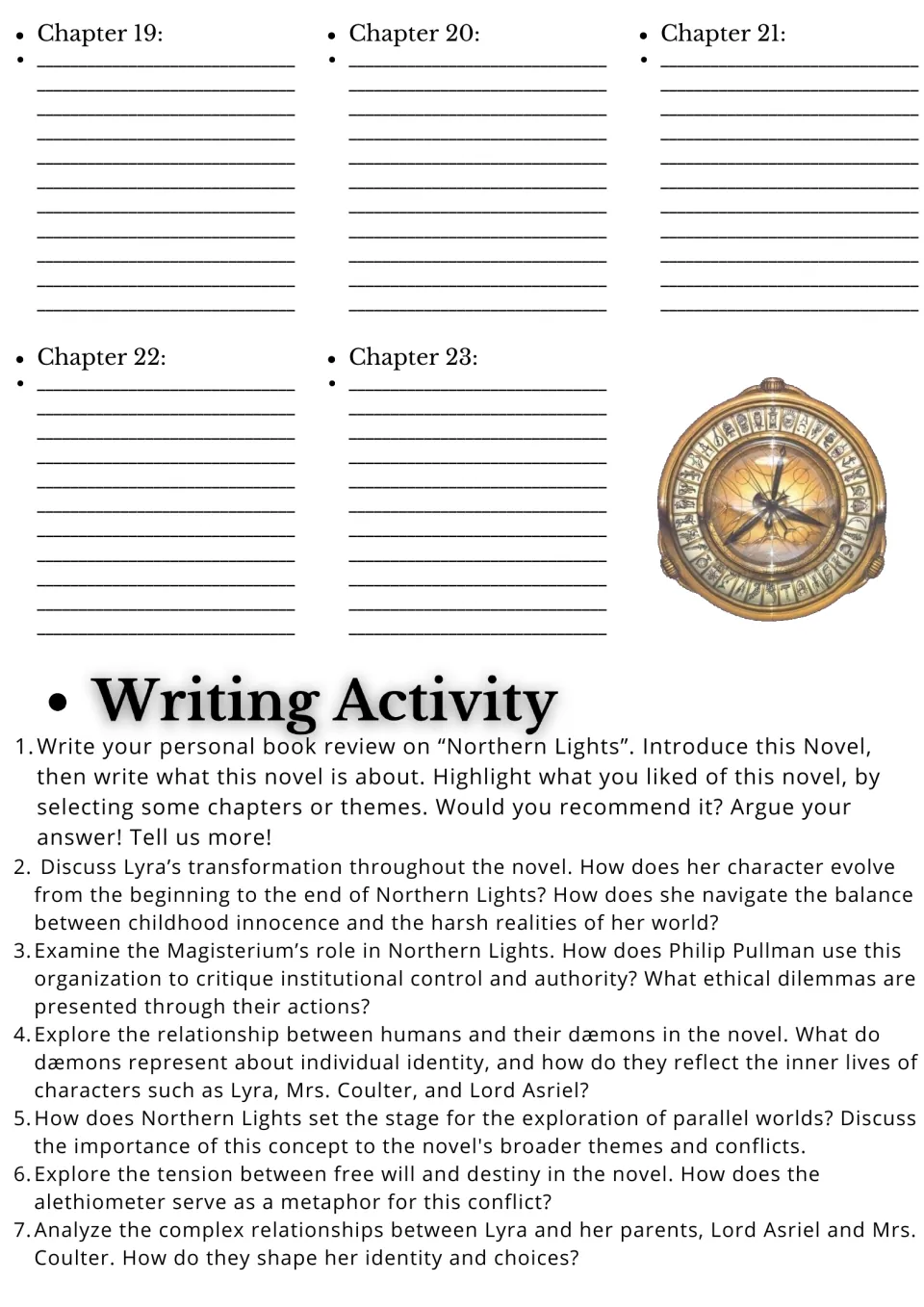 Final chapter summaries 19-23 and 7 essay prompts on Lyra's growth, dæmons, the Magisterium, free will and the alethiometer