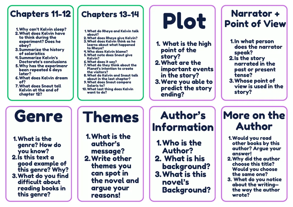 Chapters 11–14 question cards plus analysis cards on plot, narrator, point of view, genre, themes, and author