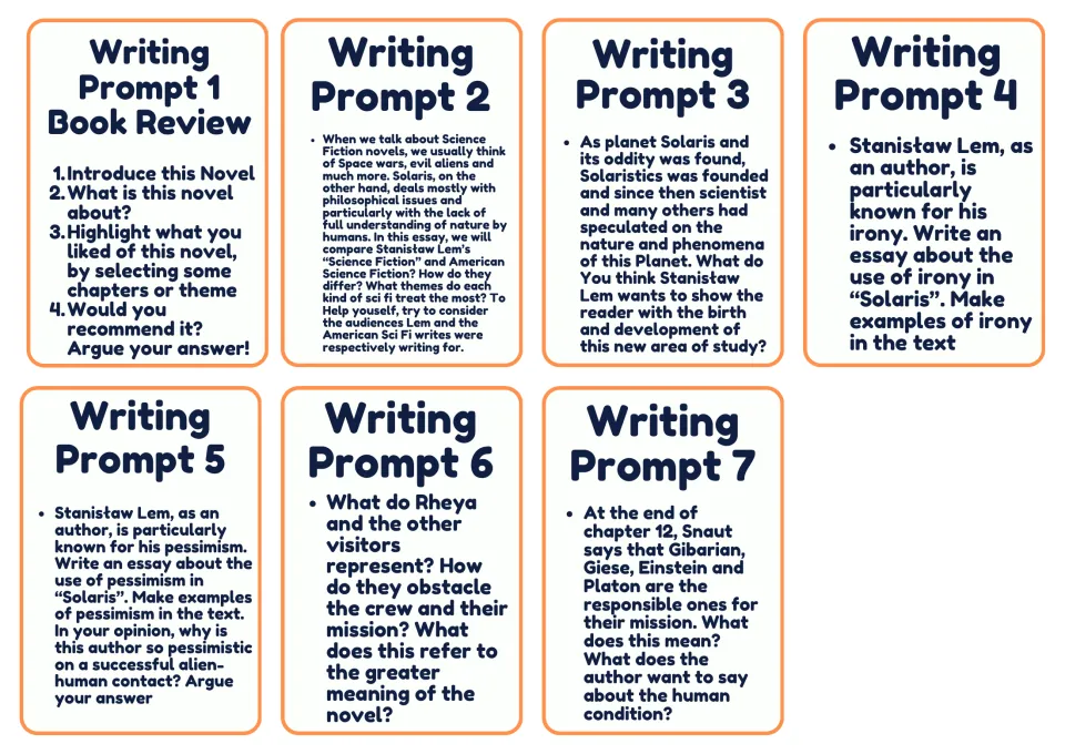 Seven writing prompt cards cover a book review, science fiction, Solaristics, irony, pessimism, and more.