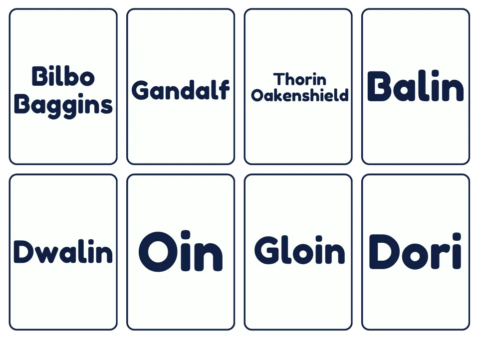 Character cards 1–8: Bilbo Baggins, Gandalf, Thorin Oakenshield, Balin, Dwalin, Oin, Gloin, and Dori