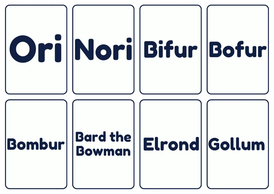 Character cards 9–16: Ori, Nori, Bifur, Bofur, Bombur, Bard the Bowman, Elrond, and Gollum for research