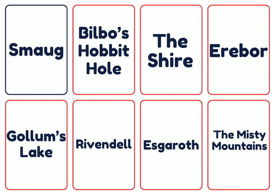 Final character card, Smaug, and seven place cards, including Bilbo’s Hobbit Hole, the Shire, and Erebor