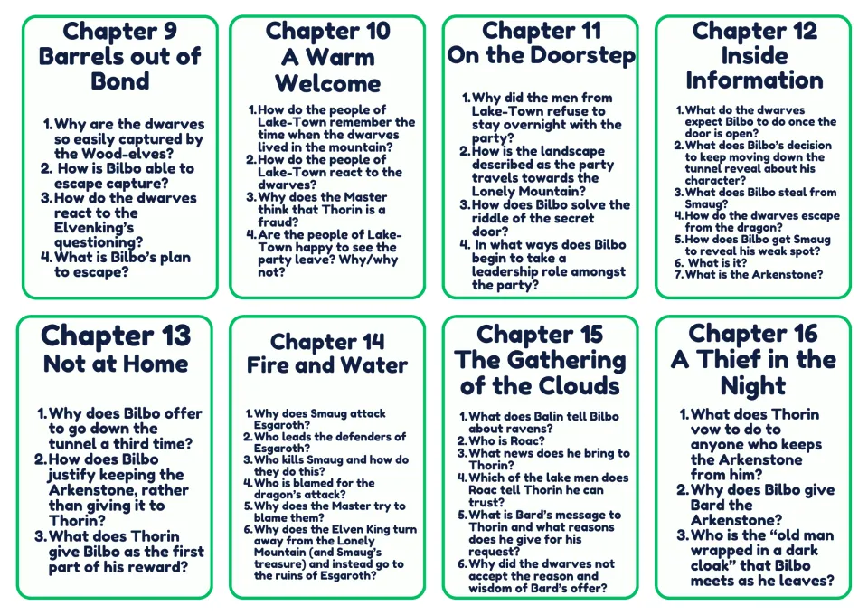 Chapter comprehension cards 9–16, from Barrels out of Bond to A Thief in the Night, cover escapes and treasure