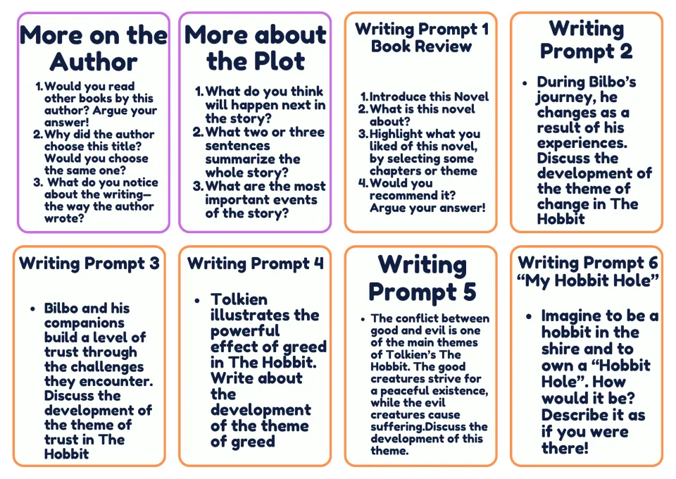 Two author and plot analysis cards plus six writing prompts on a book review, change, trust, greed, and more