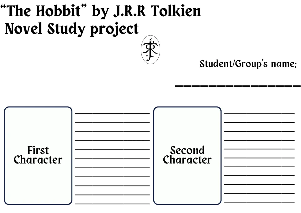 First research worksheet provides a student or group name field and spaces for two character cards and responses