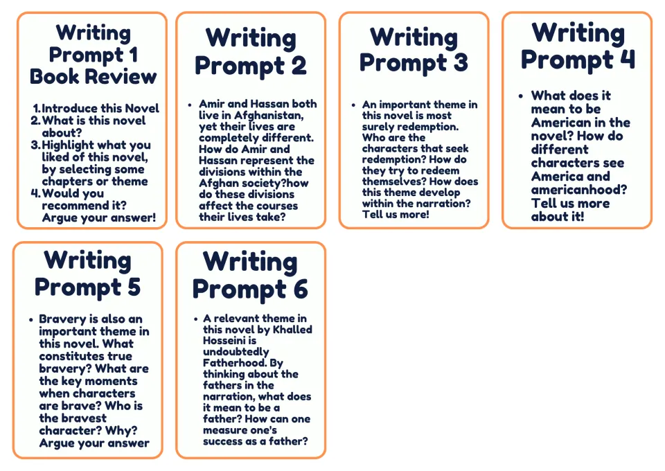 Six writing prompt cards on a book review, Afghan social divisions, redemption, America, bravery, and fatherhood