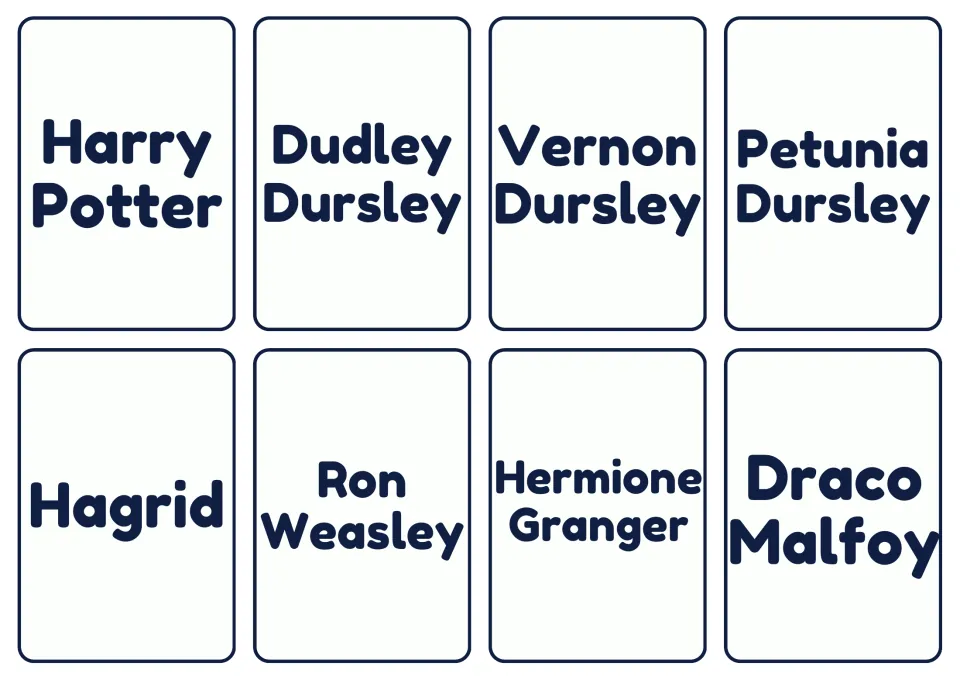 Character cards: Harry Potter, Hagrid, Ron, Hermione, Draco Malfoy and the Dursleys, for recalling who's who in the story