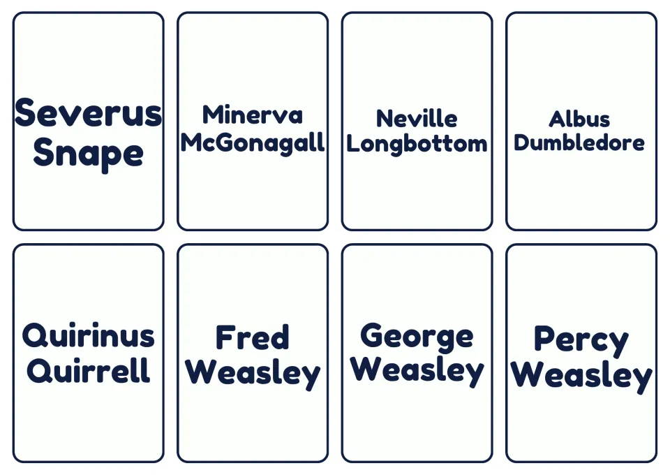 Second set of name cards: Snape, McGonagall, Neville, Dumbledore, Quirrell, and Fred, George and Percy Weasley