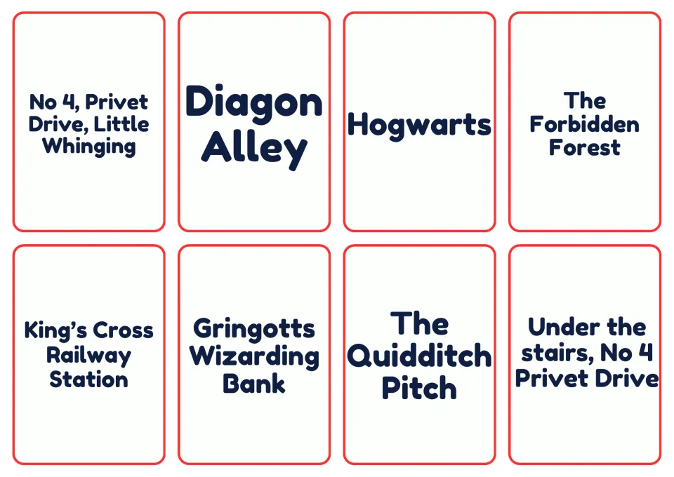 Setting cards naming story places: Privet Drive, Diagon Alley, Hogwarts, the Forbidden Forest, Gringotts and King's Cross