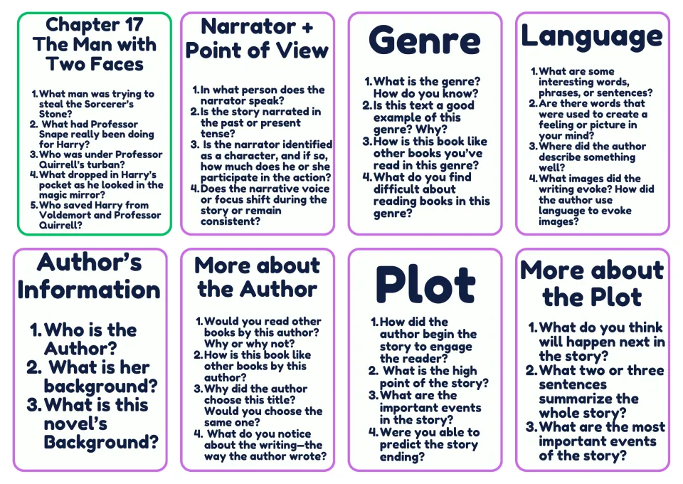 Chapter 17 items plus literary analysis prompts on narrator, point of view, genre, language, the author and plot