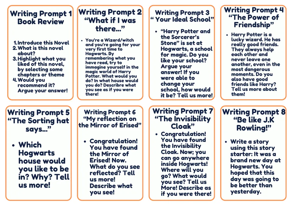 Eight writing prompts, from a book review and your ideal school to the Invisibility Cloak and a story starter