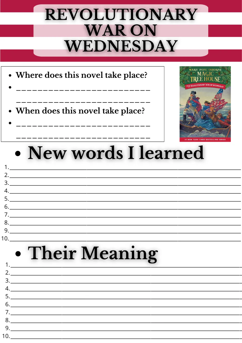 Novel study opening page: where and when the story takes place, plus 10 new words and their meanings.