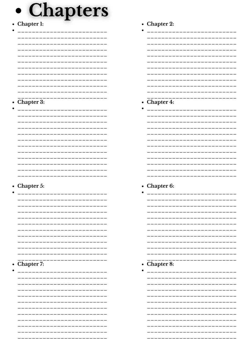 Novel study chapter summary section for Chapters 1–8, where students record the plot events from each chapter.