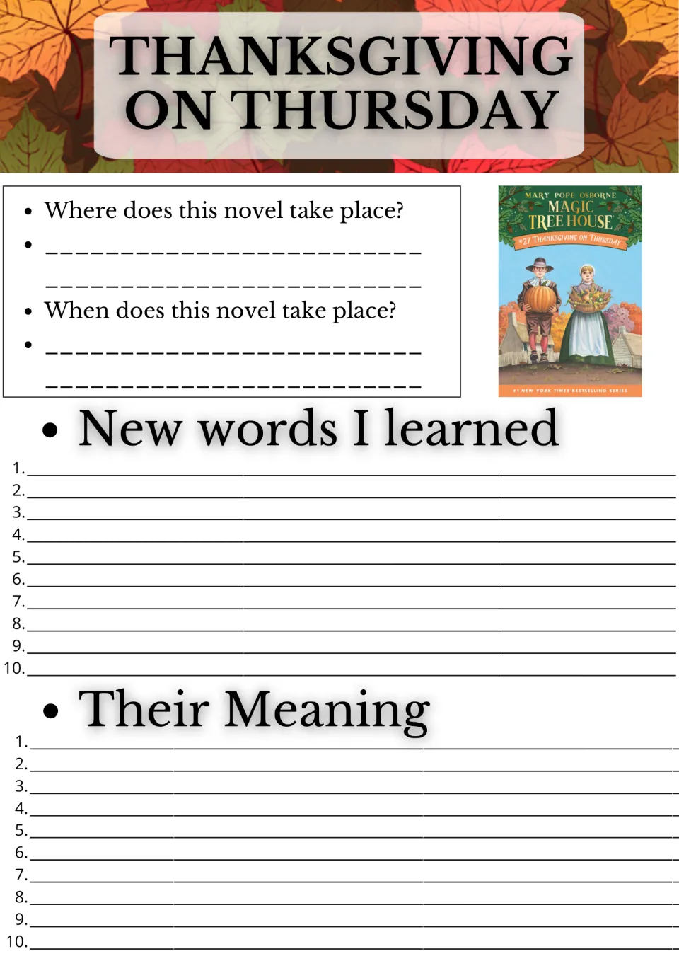 Novel study opening page: questions about where and when the story takes place, plus 10 new words and their meanings.