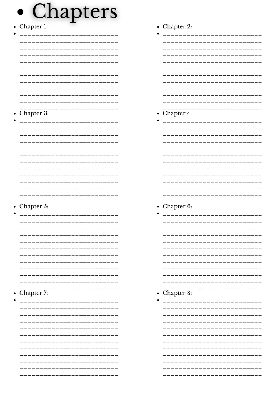 Novel study chapter summary section for Chapters 1–8, providing a separate writing space for each chapter.