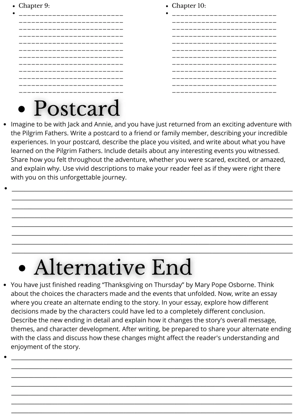 Novel study summaries for Chapters 9–10, a postcard about an adventure with Jack and Annie, and an alternate ending.