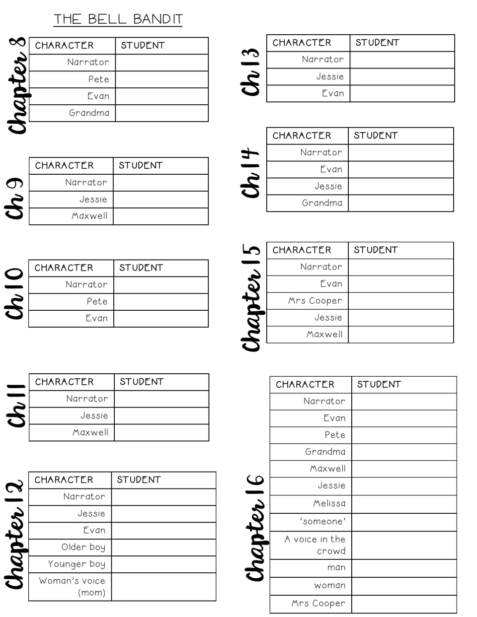 Character assignment lists for chapters 8–16 include the narrator, Jessie, Evan, Grandma, and other roles.