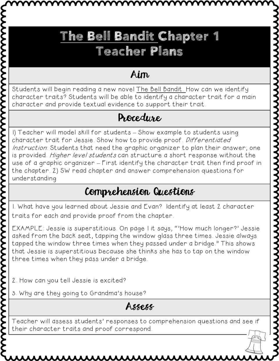 Chapter 1 teacher plan models character traits and textual evidence, with questions about Jessie and Evan.