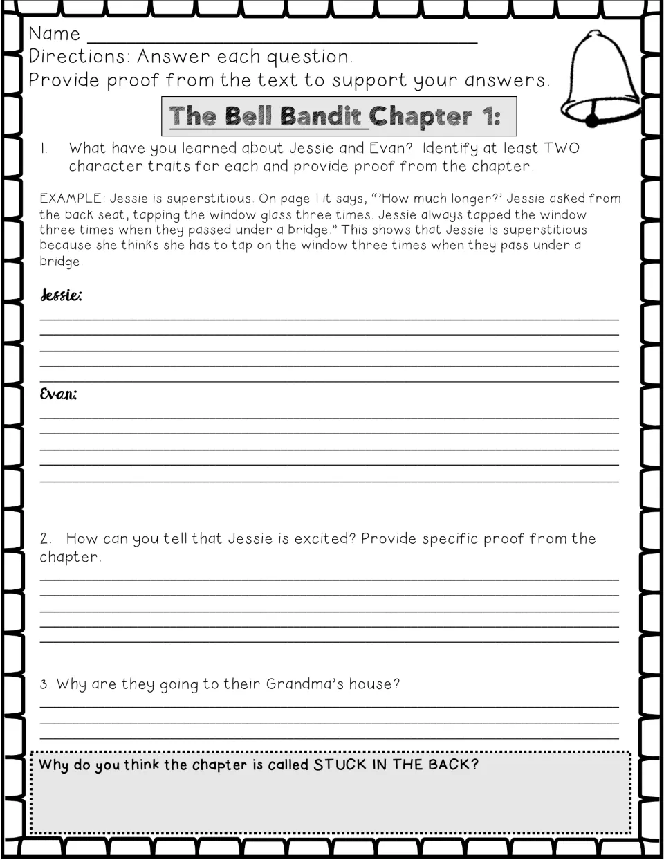 Chapter 1 comprehension questions ask about Jessie and Evan's traits, her excitement, and the visit to Grandma.
