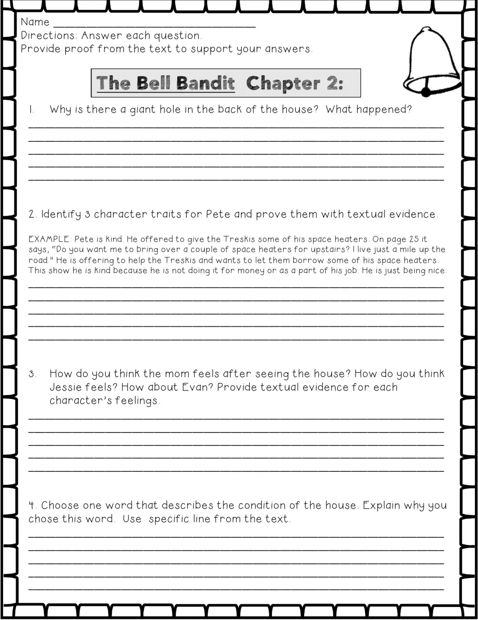 Chapter 2 comprehension questions cover the damaged house, Pete's traits, and the family's feelings.