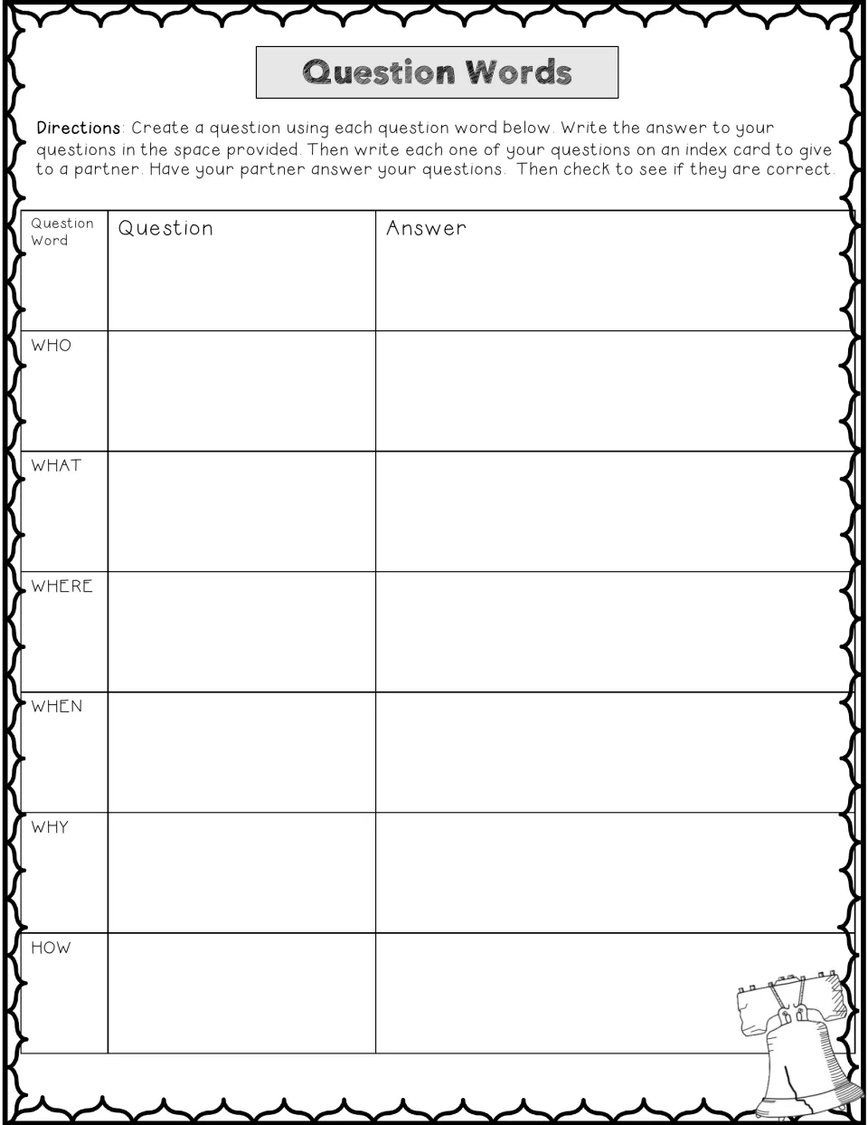 Question Words activity asks students to write six questions and answers, then exchange questions with a partner.