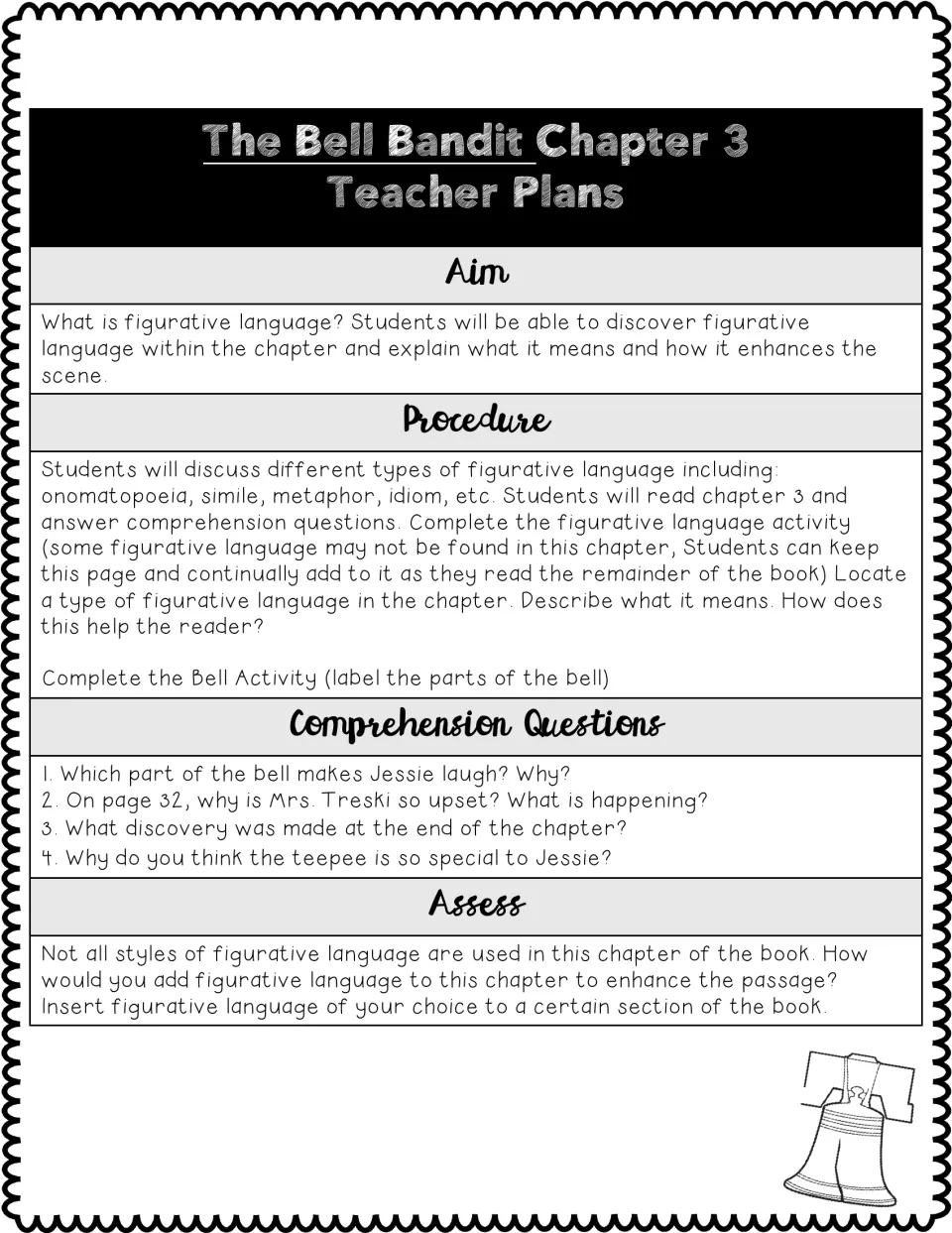 Chapter 3 teacher plan explores figurative language, includes comprehension questions, and assigns bell labeling.