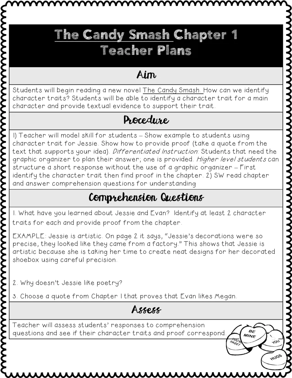 Chapter 1 teacher plan: aim, procedure and assessment for identifying character traits for Jessie and Evan with text proof