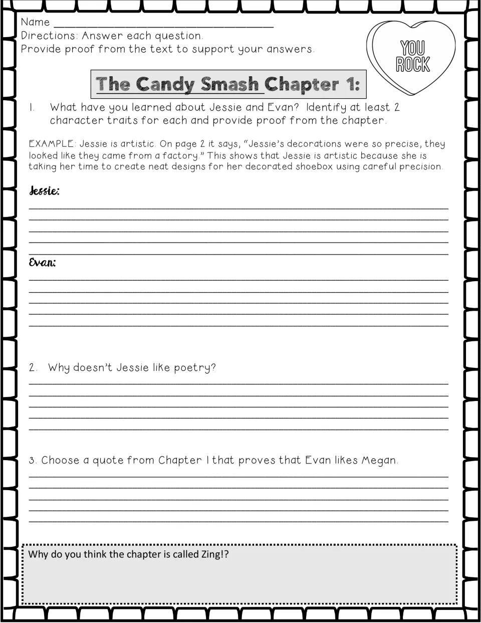 Chapter 1 questions: students name two traits each for Jessie and Evan with proof, explain Jessie's dislike of poetry
