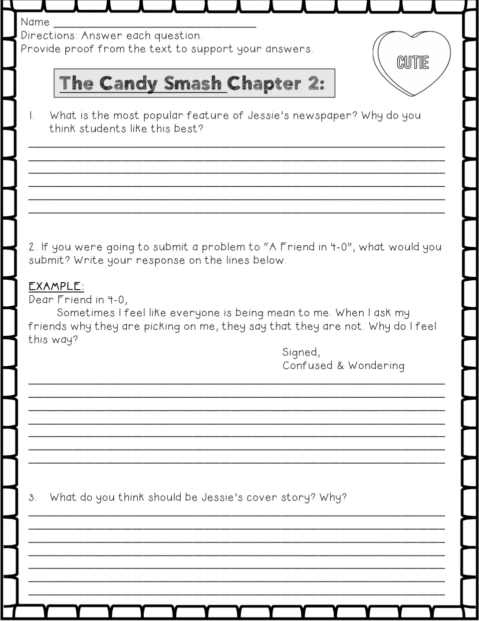 Chapter 2 questions on Jessie's newspaper, writing a letter to A Friend in 4-0, and choosing Jessie's cover story