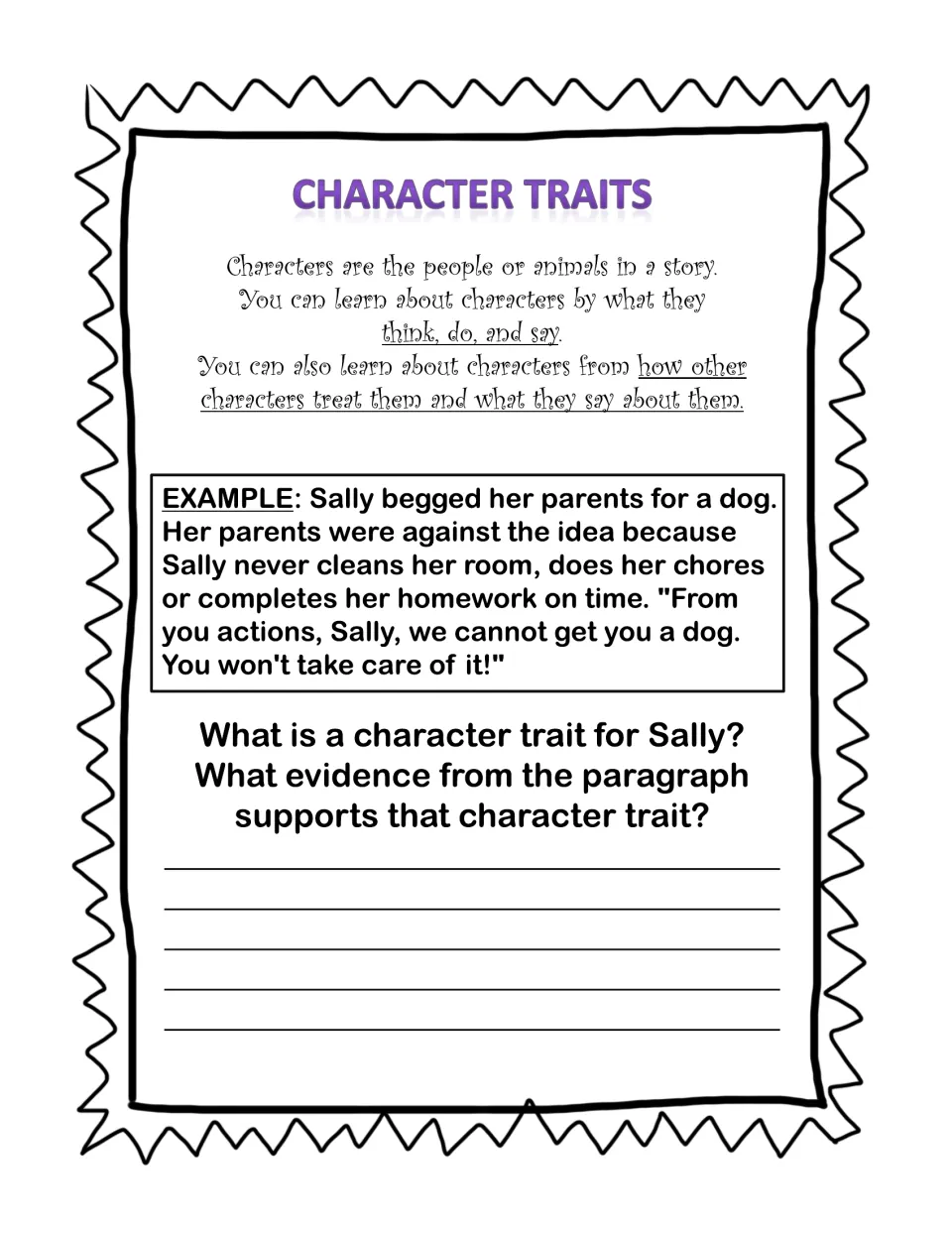 Character traits lesson with a Sally and the dog example; students name her trait and cite evidence from the paragraph