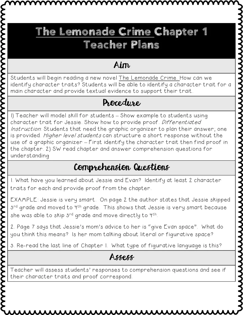 Chapter 1 teacher plan: aim, procedure and assessment for identifying Jessie and Evan's character traits with text proof