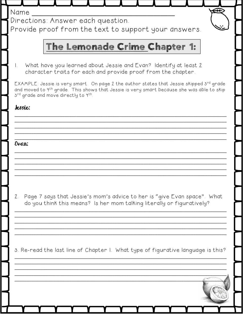 Chapter 1 questions: students give two traits each for Jessie and Evan with proof, then explain figurative language