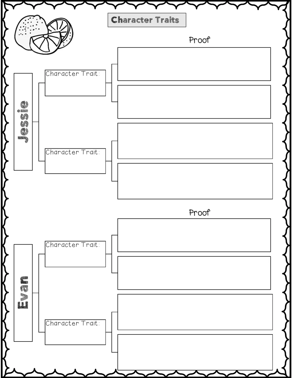 Character traits organizer: students write two traits each for Jessie and Evan and two pieces of proof per trait