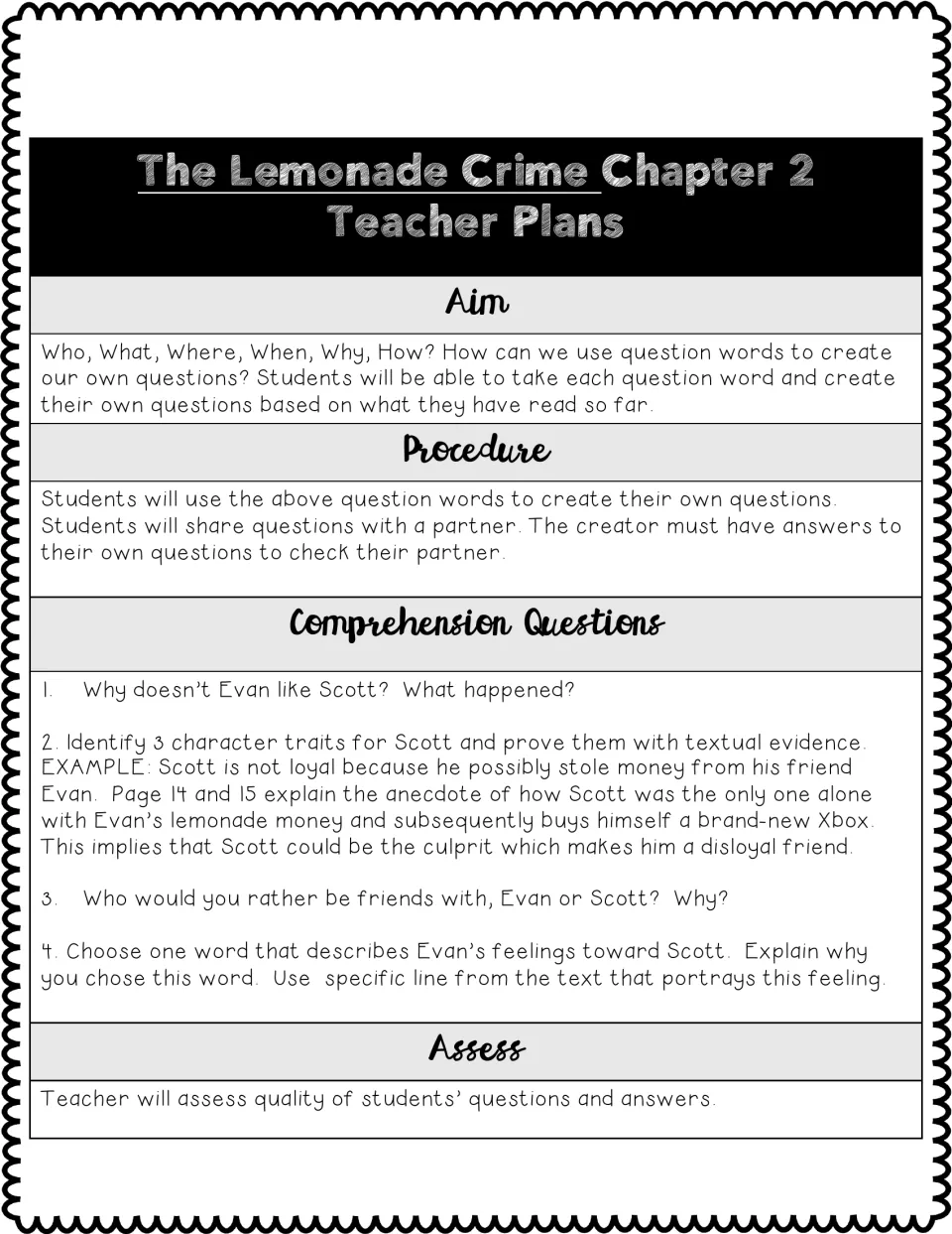 Chapter 2 teacher plan: using who, what, where, when, why and how to write questions, plus questions on Evan and Scott