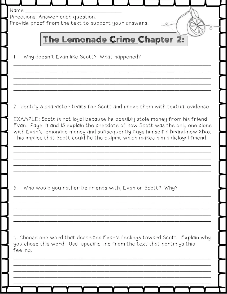 Chapter 2 questions: students explain why Evan dislikes Scott, give three traits for Scott with evidence and pick a friend