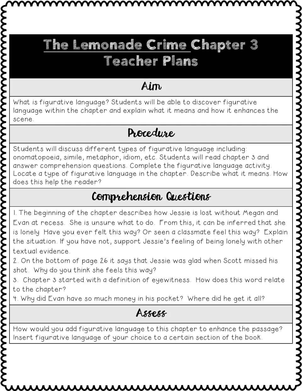 Chapter 3 teacher plan: finding figurative language such as simile, metaphor and idiom, with questions on Jessie at recess