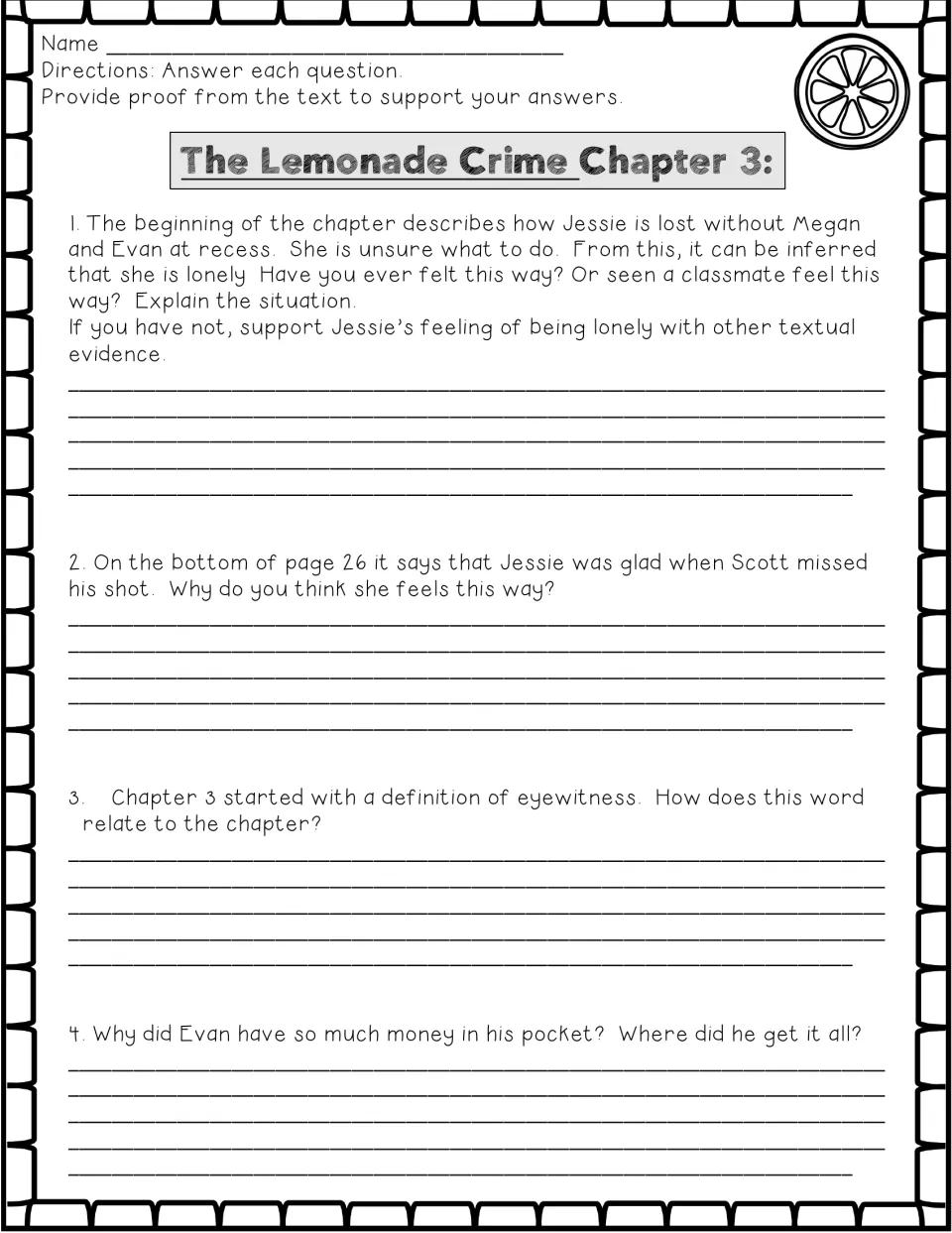 Chapter 3 questions: students discuss Jessie's loneliness, the word eyewitness and why Evan had so much money