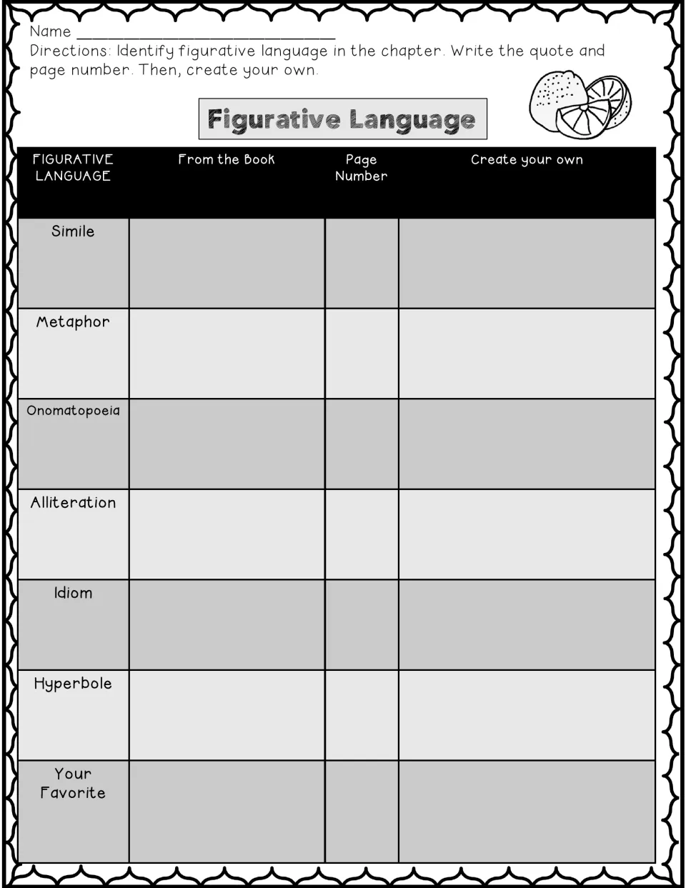 Figurative language chart: students quote six types from the chapter with page numbers, then write their own examples