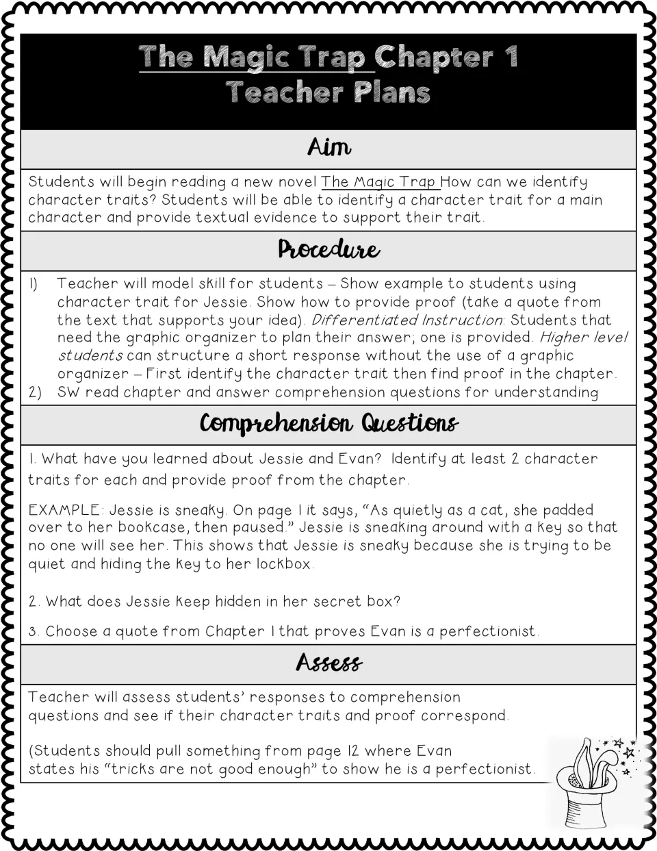Chapter 1 teacher plan for identifying character traits, modeling textual evidence, and assessing responses