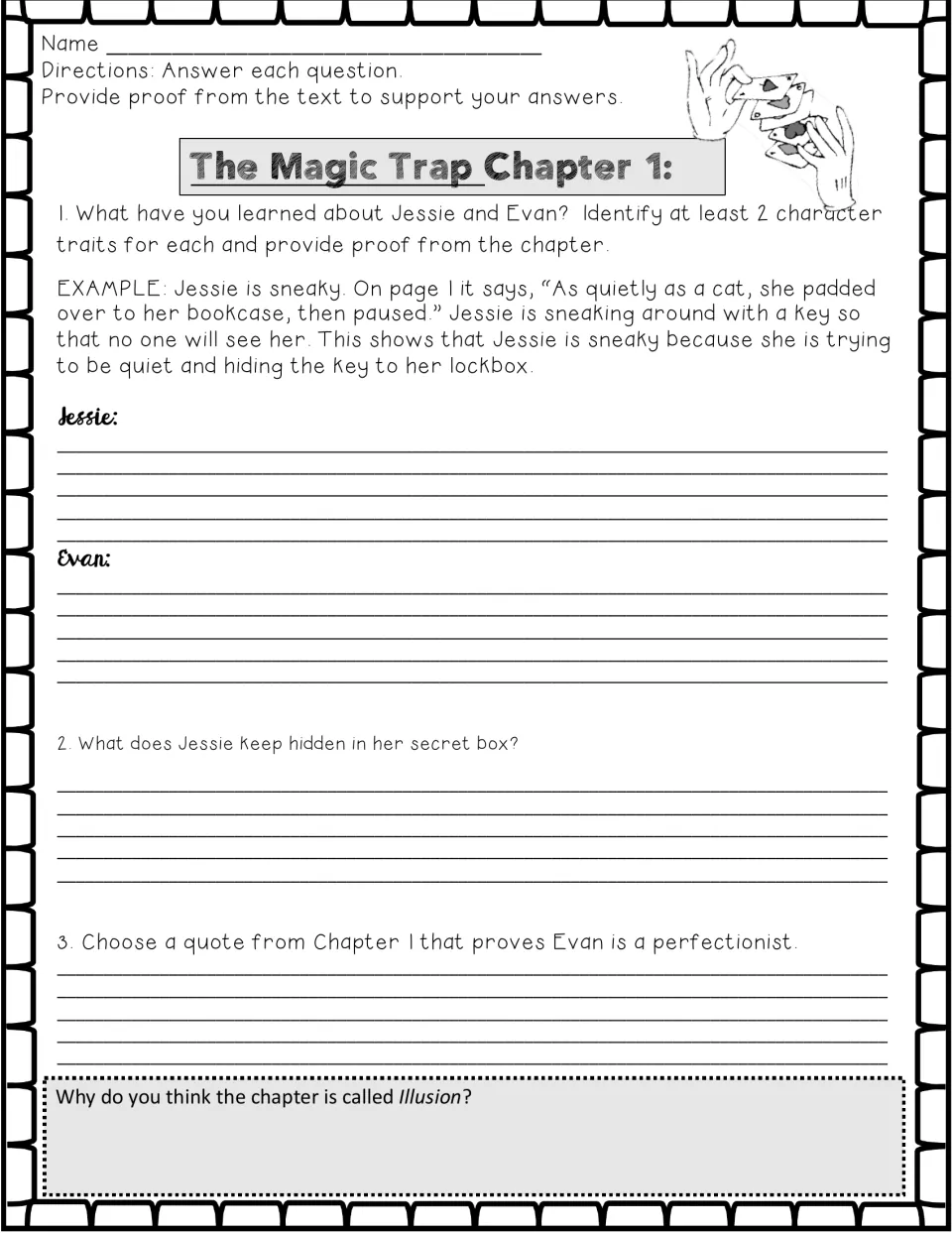 Chapter 1 comprehension questions on Jessie and Evan's traits, Jessie's secret box, and Evan's perfectionism