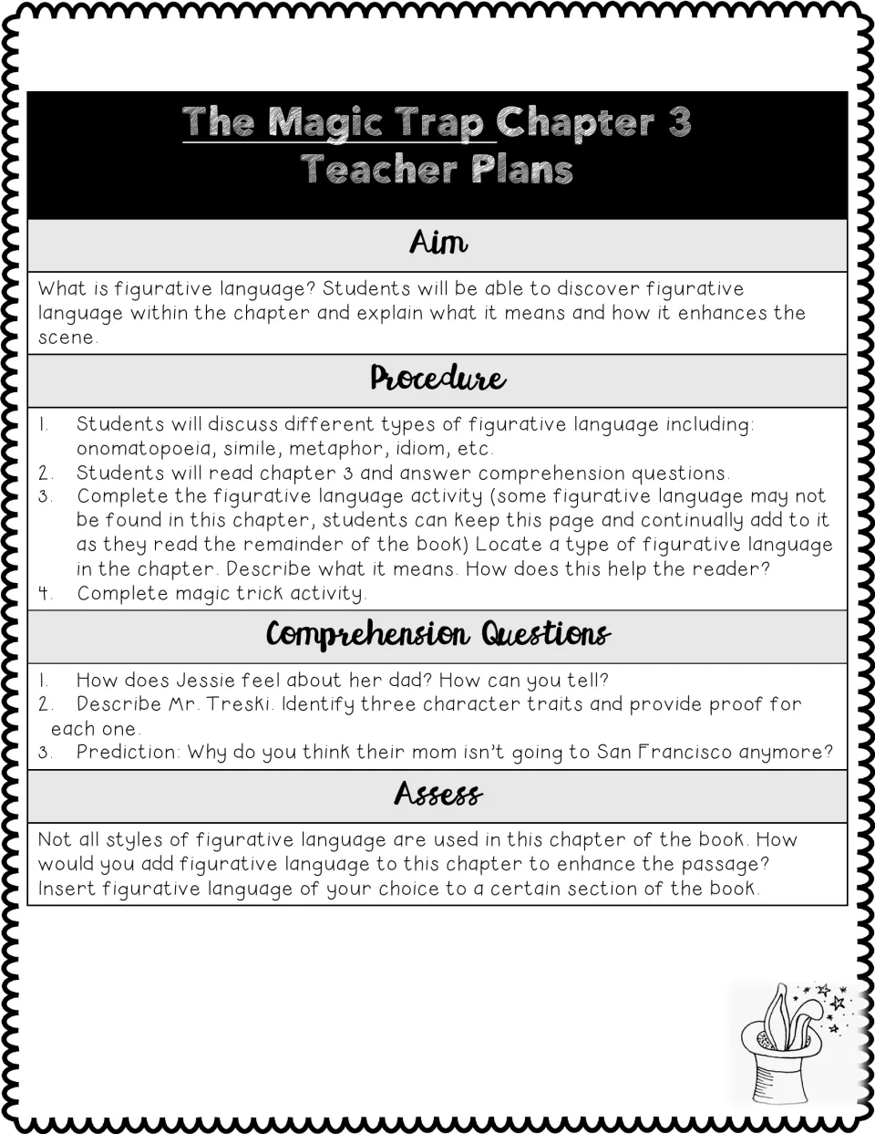 Chapter 3 teacher plan on figurative language, with comprehension questions about Jessie, Mr. Treski, and mom