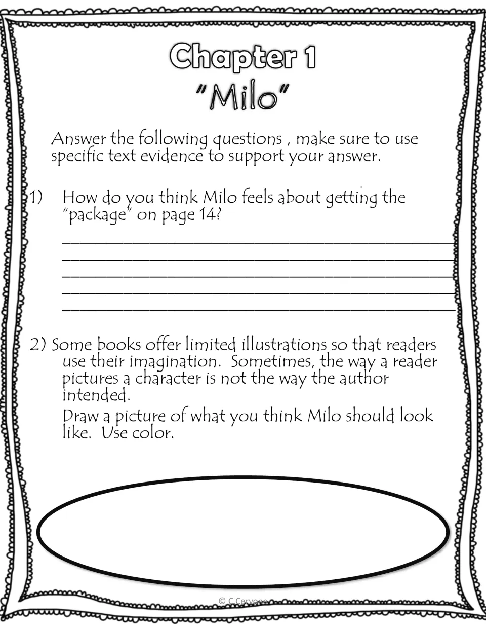Chapter 1 response tasks ask how Milo feels about the package and direct students to draw him in color