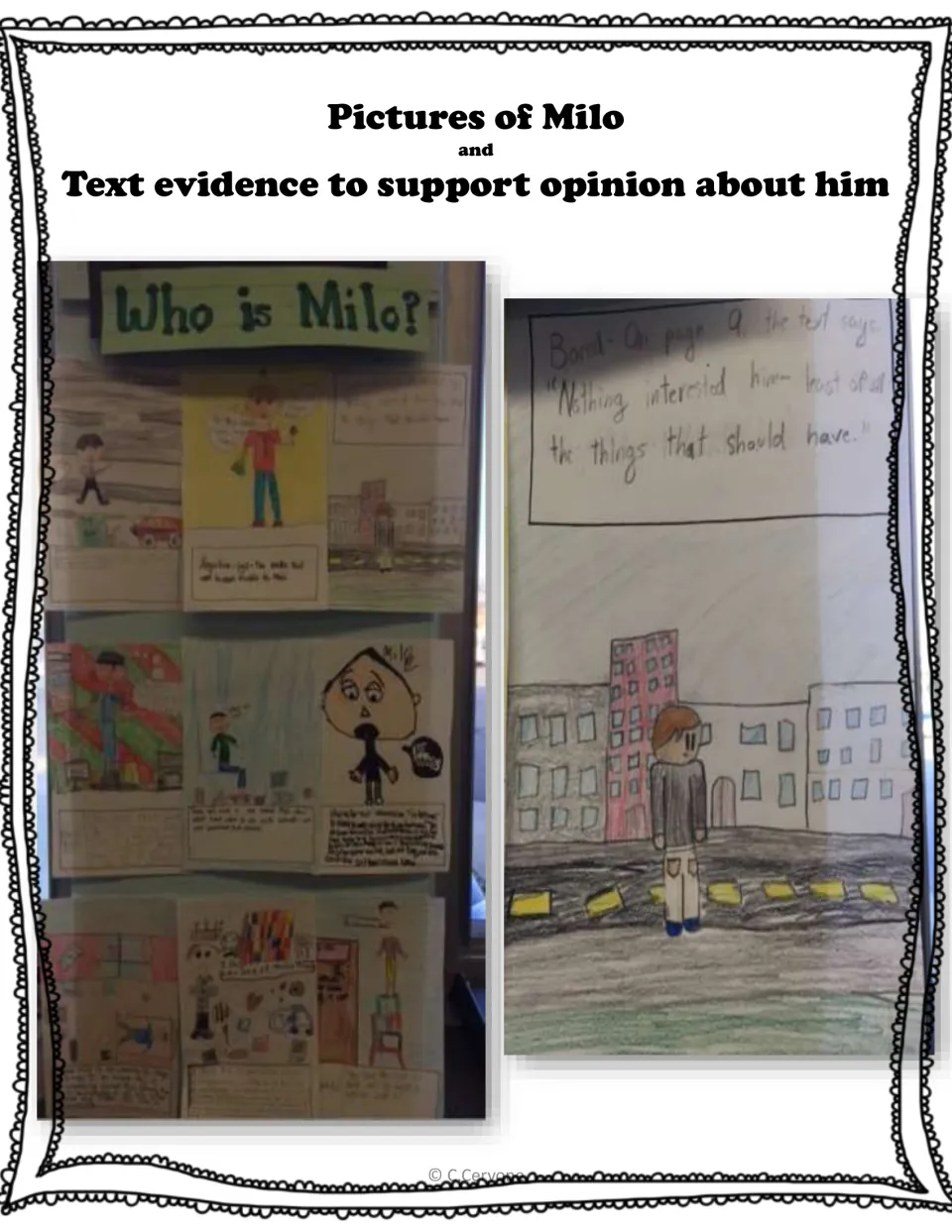 Student examples from the Milo drawing activity pair character pictures with text evidence about him