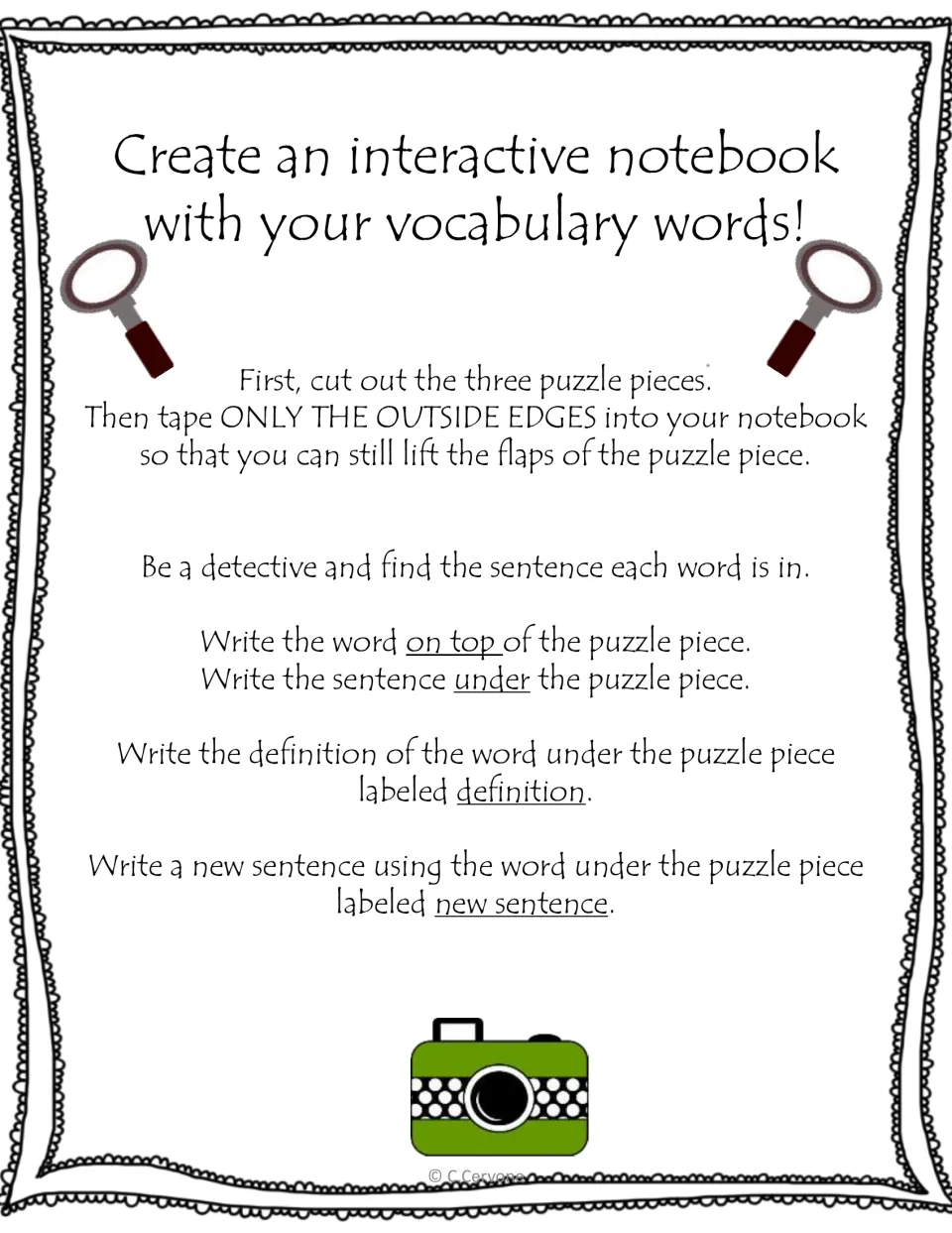 Vocabulary notebook directions explain puzzle flaps for a word, its book sentence, definition, and new sentence