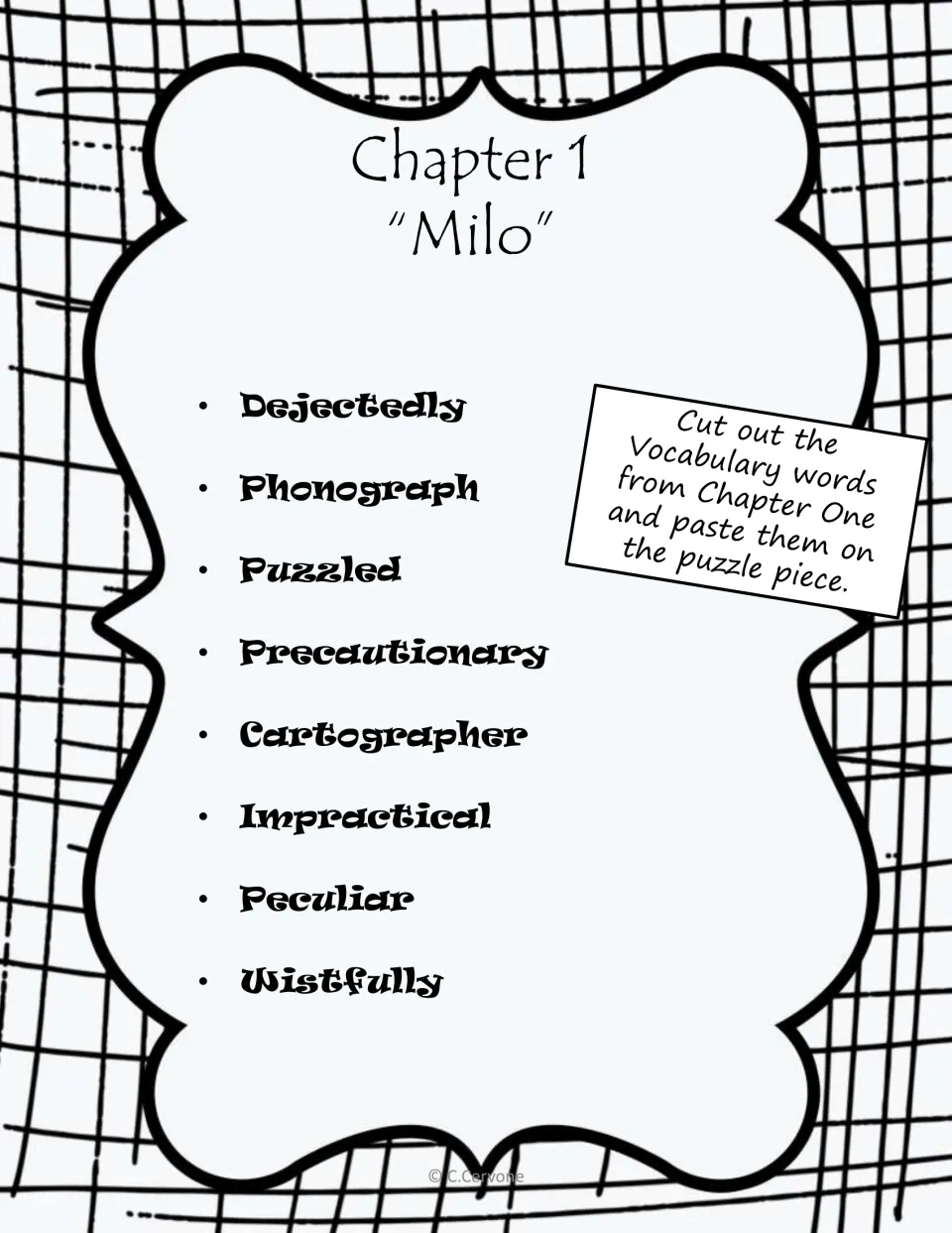 Chapter 1 vocabulary cutouts list dejectedly, phonograph, puzzled, precautionary, and four more words