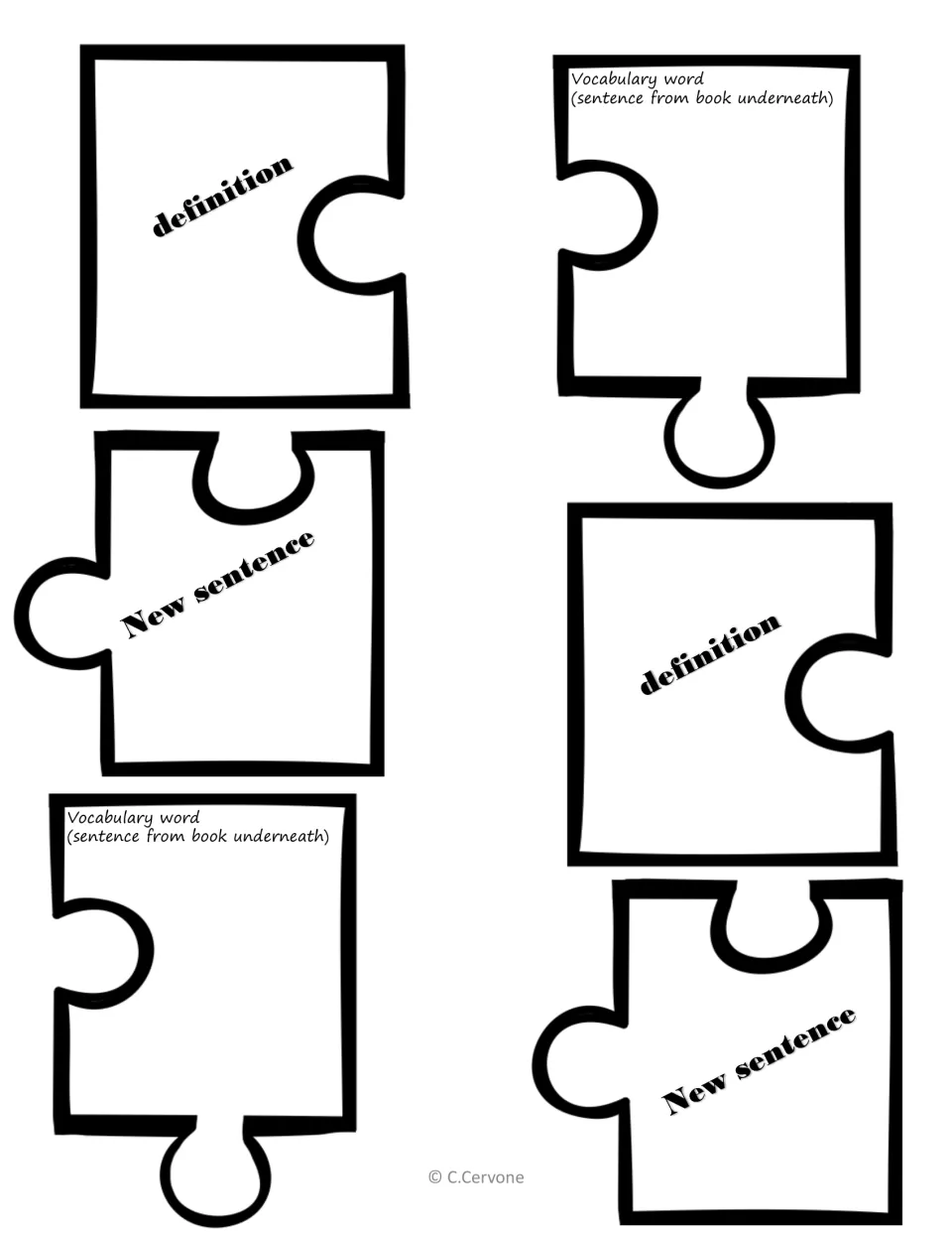 Two sets of three vocabulary puzzle flaps provide spaces for a word, book sentence, definition, and new sentence