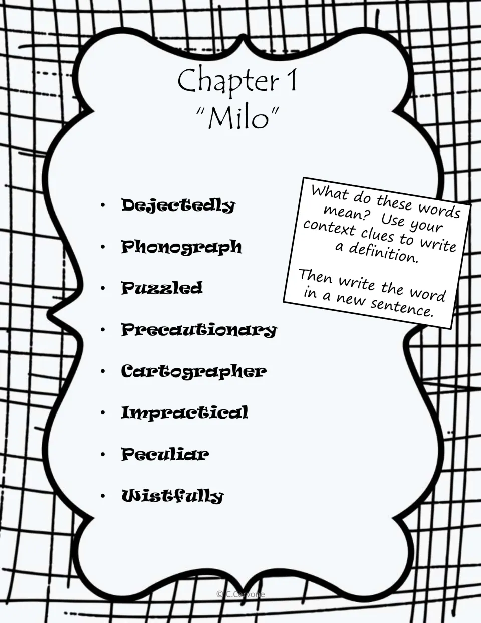 Chapter 1 vocabulary practice asks students to define eight words using context clues and write new sentences