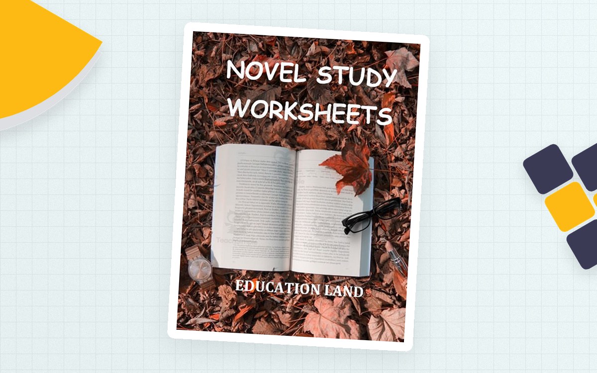Novel Study Worksheets cover with an open book, glasses, and autumn leaves on a dark brown background.