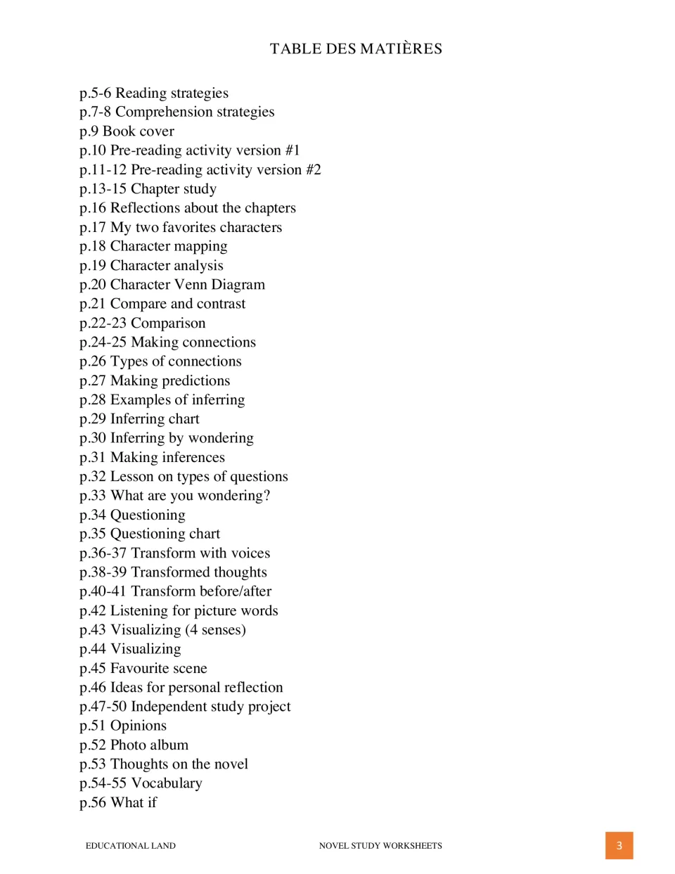 Table of contents, part 1: pages 5 to 56 listing reading strategies, character mapping, inferring and vocabulary